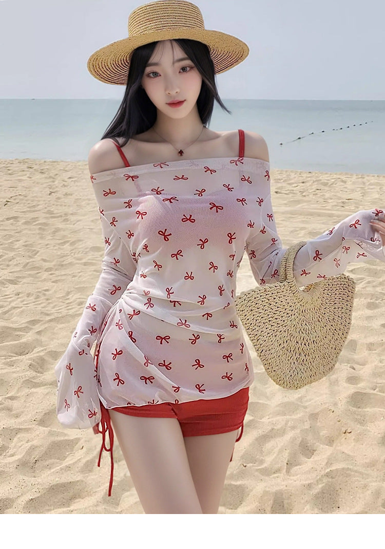 2025 New Swimwear Women's Sexy Pure Desire Spice Girl Elegant Long Sleeve Hanging Neck Blouse Bikini Split Strap Gather