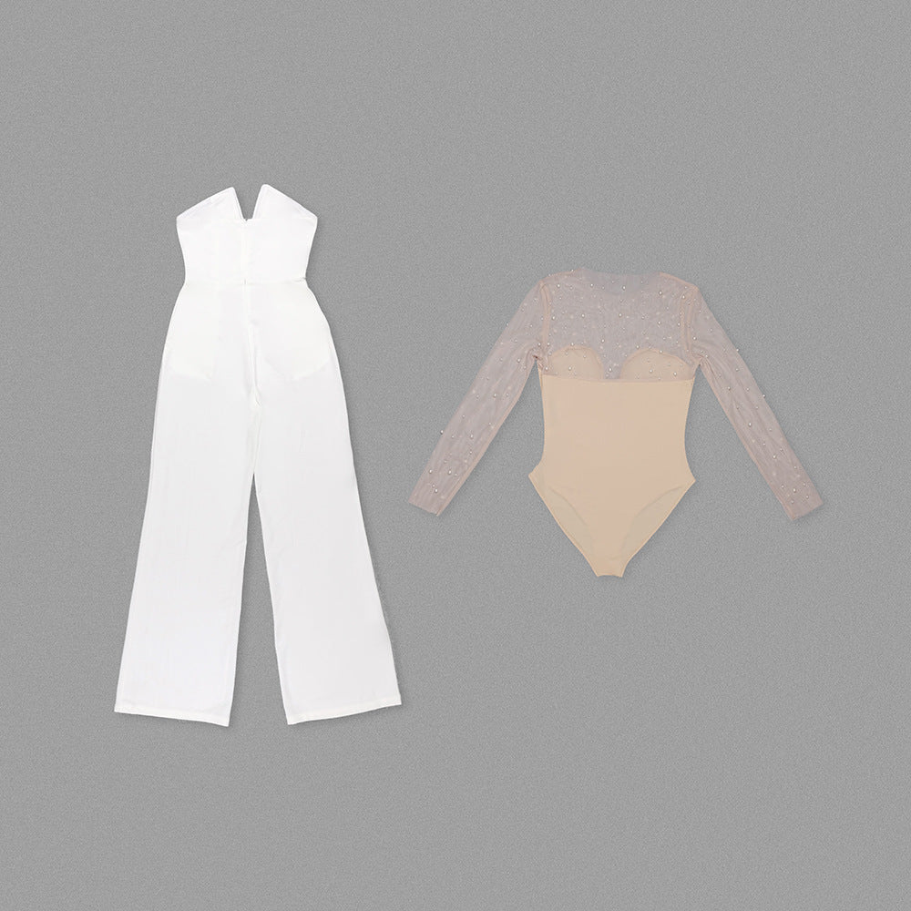 In Stock | White Bubble Bead Jumpsuit, Fashionable Casual Two-Piece Set, High-End European and American Women's Clothing, European and American Style.
