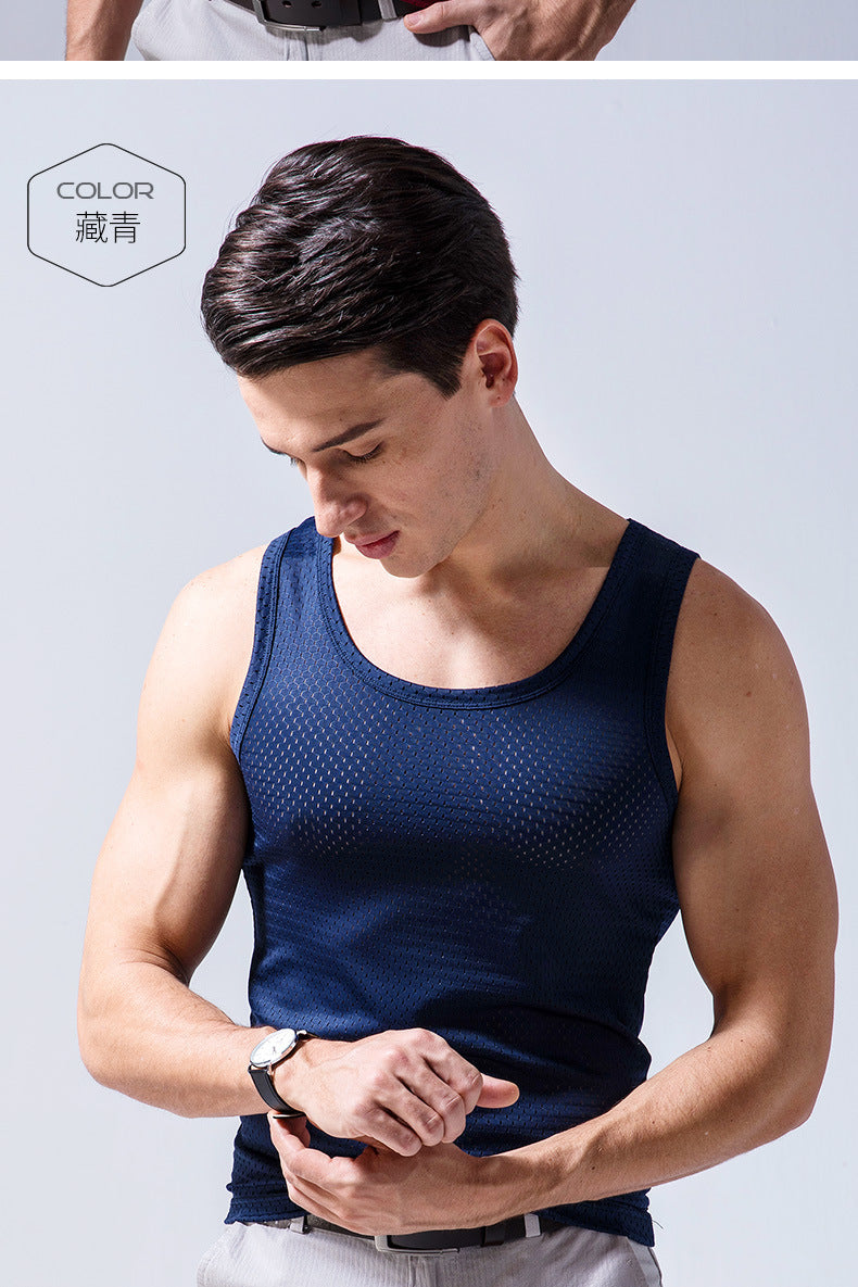 Ice Silk Mesh Vest Men's Summer Hollow Mesh Men's Sweatshirt Fitness Sports Thin Large Size Sleeveless T-shirt Trendy