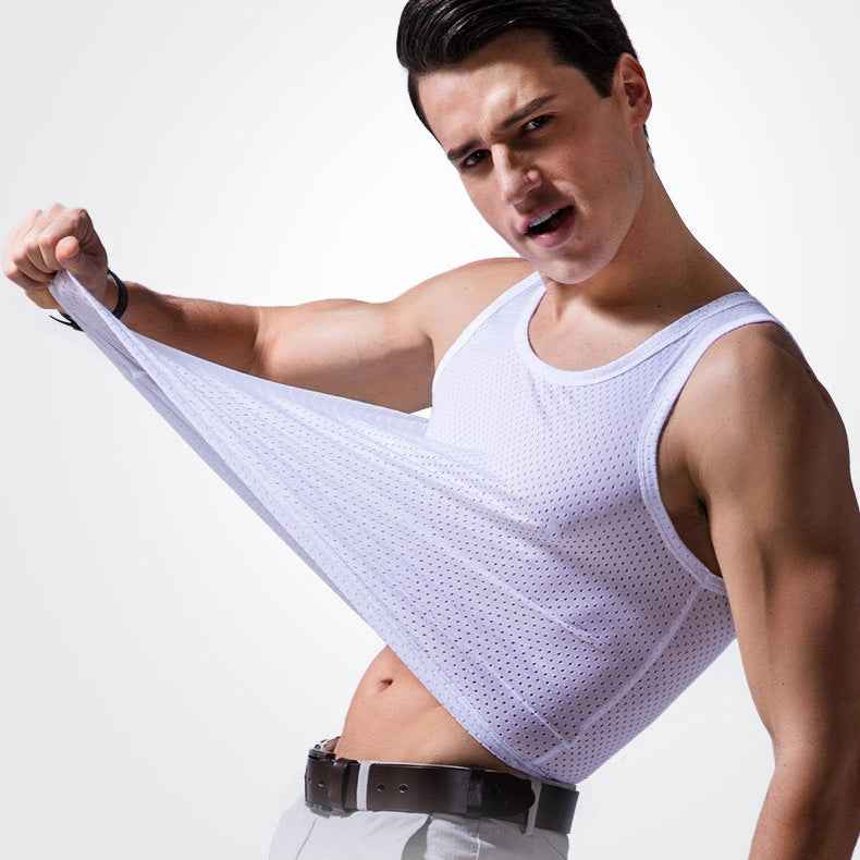 Ice Silk Mesh Vest Men's Summer Hollow Mesh Men's Sweatshirt Fitness Sports Thin Large Size Sleeveless T-shirt Trendy