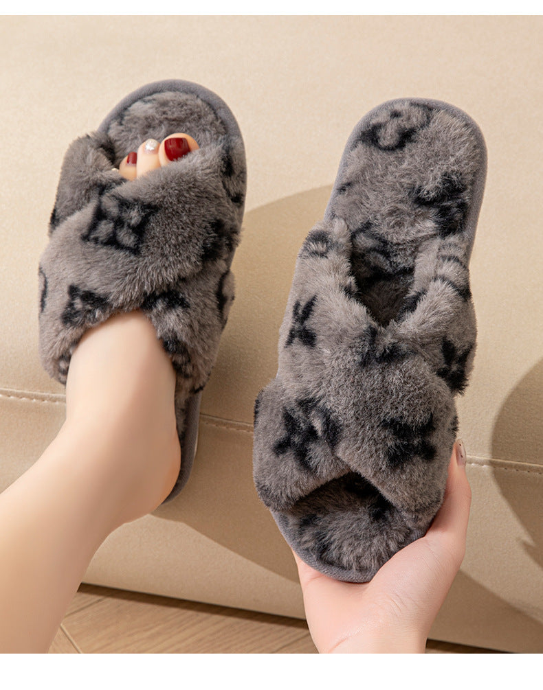Four-leaf clover cross-opening cross-border foreign trade open-toe women's slippers autumn and winter four seasons open-ended slippers imitation rabbit hair