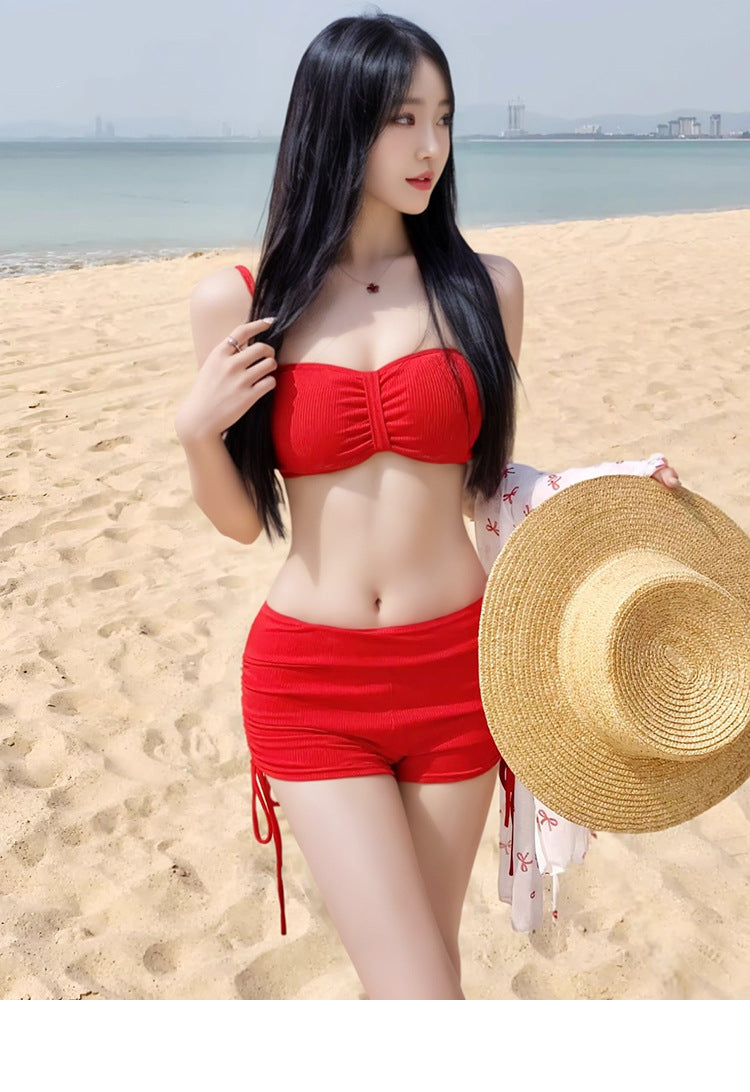 2025 New Swimwear Women's Sexy Pure Desire Spice Girl Elegant Long Sleeve Hanging Neck Blouse Bikini Split Strap Gather