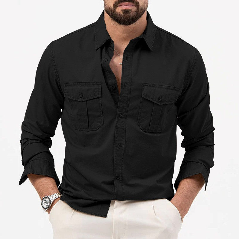 2025 New Men's Shirts Cross-Border Export Aliexpress Independent Station European and American Multi-Flap Pocket Pants Casual Long-Sleeved Tops for Men