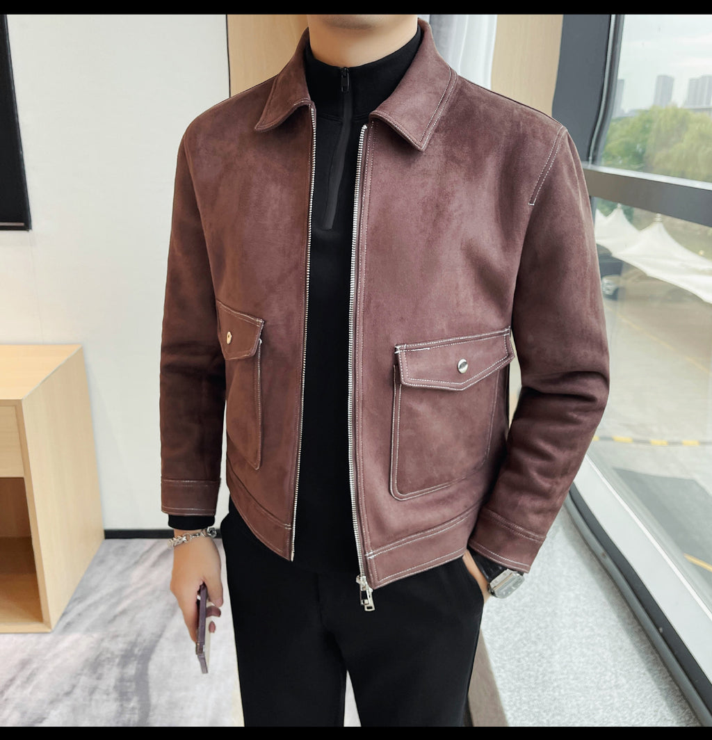 Autumn and Winter New Men's Jacket Coat Fur Fleece Large Pocket Lapel Solid Color Copper Zipper Casual Jacket Top