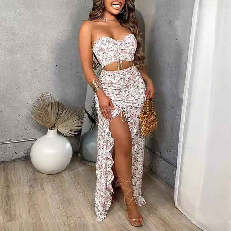 Amazon European and American Women's Cross-border Source Printing Two-piece Sexy Pleated Ruffled dress