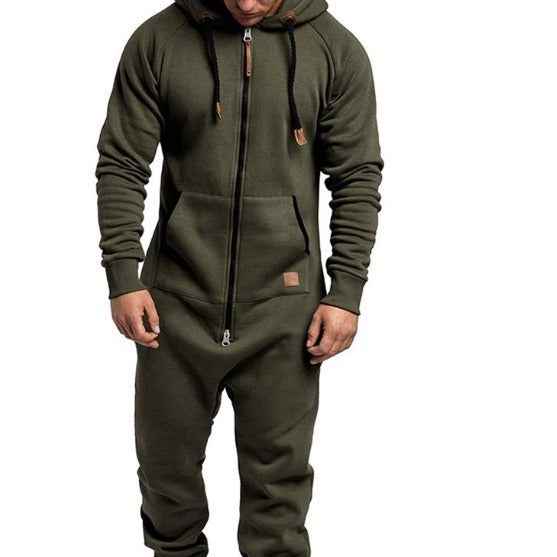 In-Stock New Foreign Trade Men's Hooded Fleece Jumpsuit Solid Color Casual Men's Suit Jumpsuit