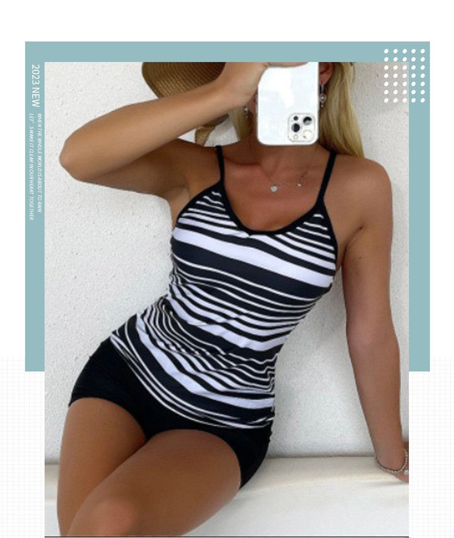 Huludao swimsuit new European and American tangini sling top boxer striped shorts Conservative split swimsuit