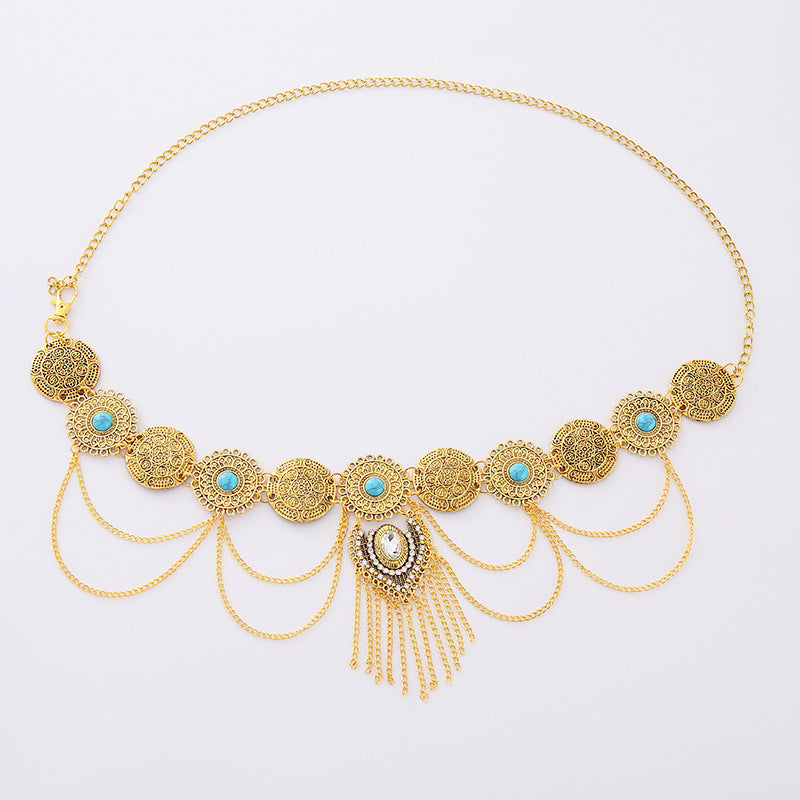 European and American Sexy Waist Decoration Ethnic Style Inlaid Turquoise Pendant Waist Chain Bohemian Alloy Coin Tassel Body Chain