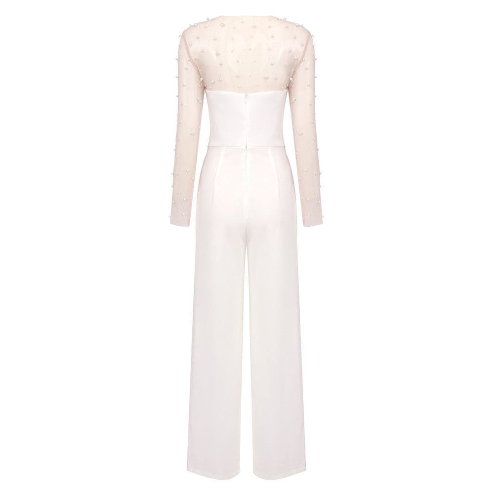 In Stock | White Bubble Bead Jumpsuit, Fashionable Casual Two-Piece Set, High-End European and American Women's Clothing, European and American Style.