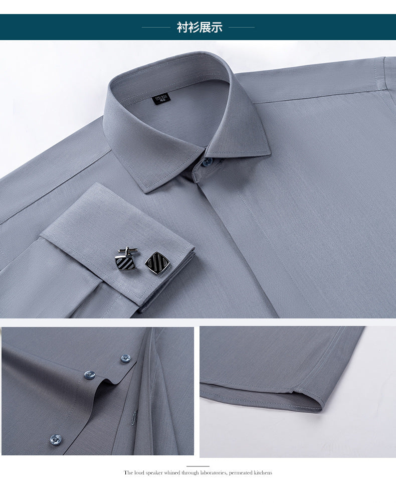 Men's French Cufflinks Shirt Men's Long-sleeved Windsor Collar Buckle Bamboo Fiber Double Stacked Sleeve Business Dress White Shirt