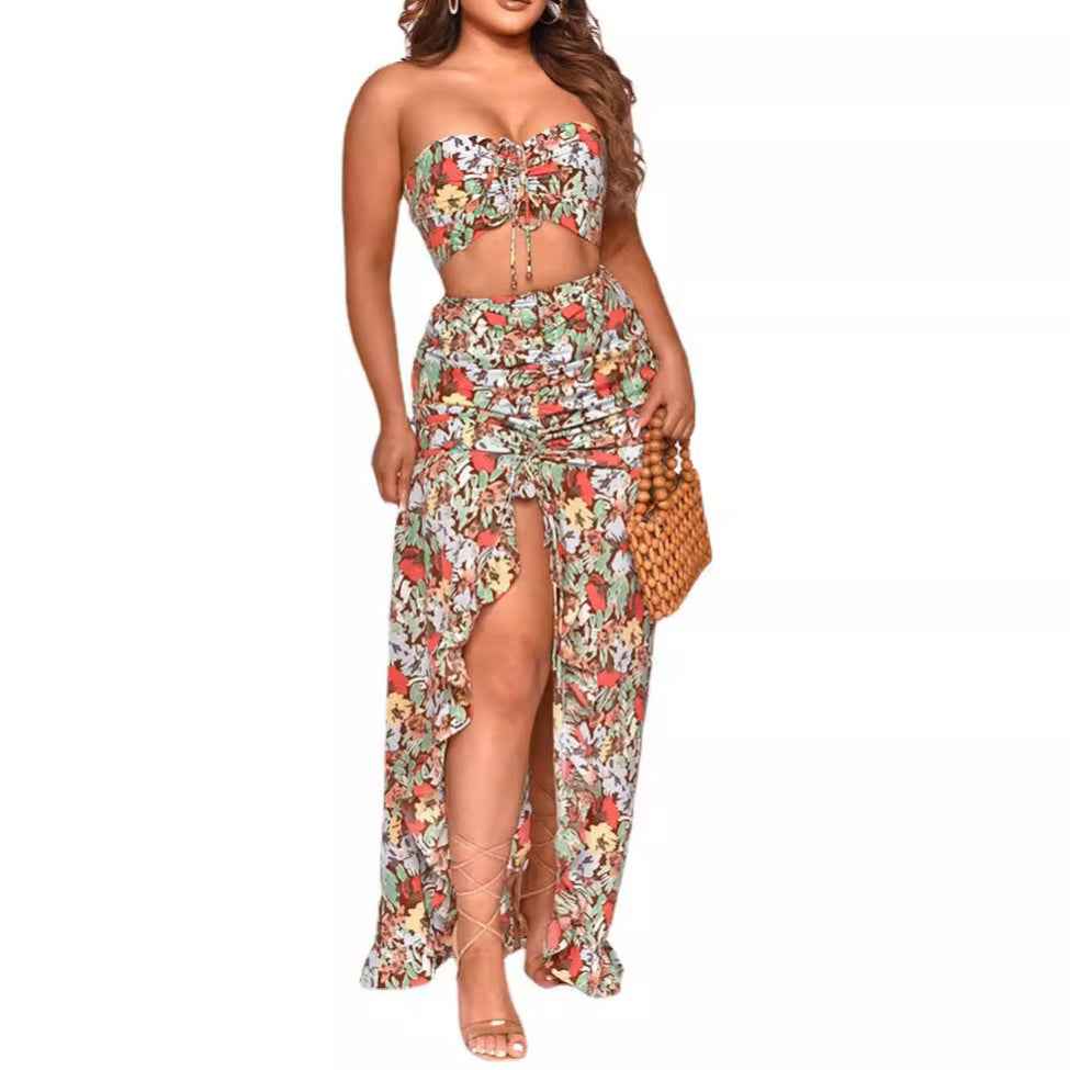Amazon European and American Women's Cross-border Source Printing Two-piece Sexy Pleated Ruffled dress