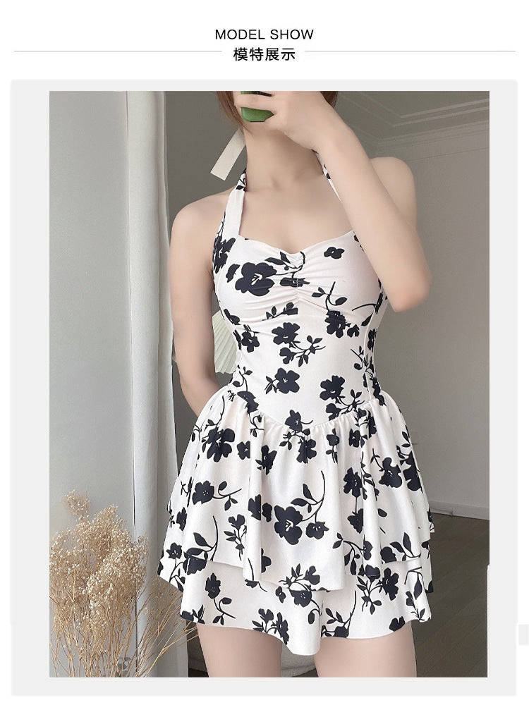 2025 New One-Piece Swimsuit Women's Black Poppy Boxer Corner Conservative Girl Strap Halter High Waist Covering Belly Hot Spring