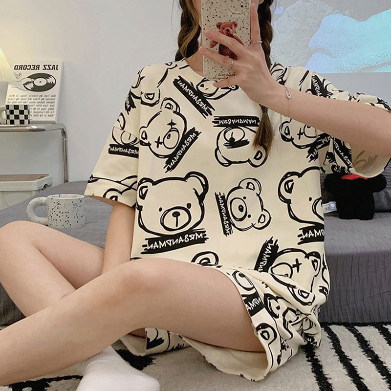 New Style Pajamas Women's Summer Short-sleeved Pullover Thin Cartoon Cartoon Bear Girl Home Clothes suit Women's Outwear