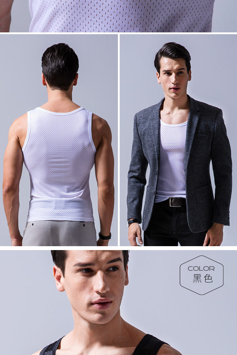 Ice Silk Mesh Vest Men's Summer Hollow Mesh Men's Sweatshirt Fitness Sports Thin Large Size Sleeveless T-shirt Trendy