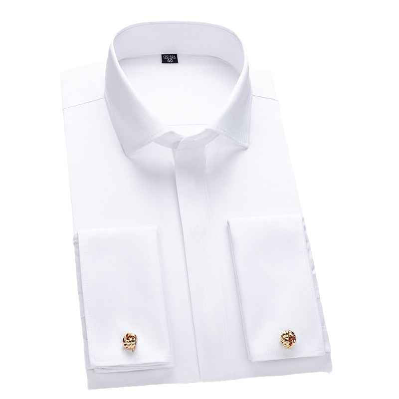 Men's French Cufflinks Shirt Men's Long-sleeved Windsor Collar Buckle Bamboo Fiber Double Stacked Sleeve Business Dress White Shirt