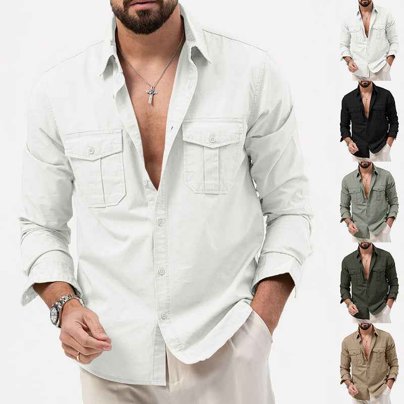 2025 New Men's Shirts Cross-Border Export Aliexpress Independent Station European and American Multi-Flap Pocket Pants Casual Long-Sleeved Tops for Men
