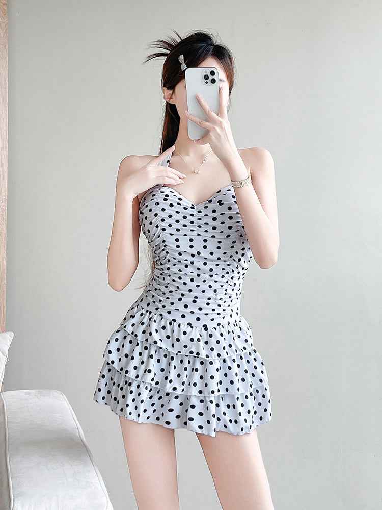 2025 New One-Piece Skirt Style Polka Dot Slightly Fat Girls Swimsuit Female Conservative Slimming Flesh Sexy Big Breast Gathering