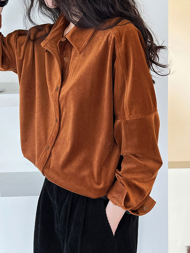 Lushi Japanese-Style Minimalist Thickened Brushed Corduroy Shirt for Women 2025 Autumn Inner Layering Base Shirt 3378