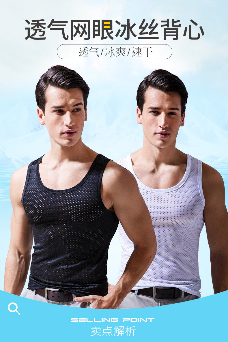 Ice Silk Mesh Vest Men's Summer Hollow Mesh Men's Sweatshirt Fitness Sports Thin Large Size Sleeveless T-shirt Trendy