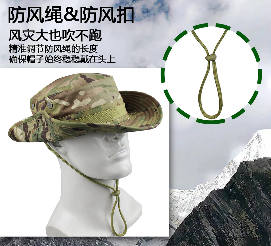 Camouflage Fisherman Hat Summer Hat with Windproof Rope Large Brim Sun Protection Hat Outdoor Hiking Fishing Sun Hat
