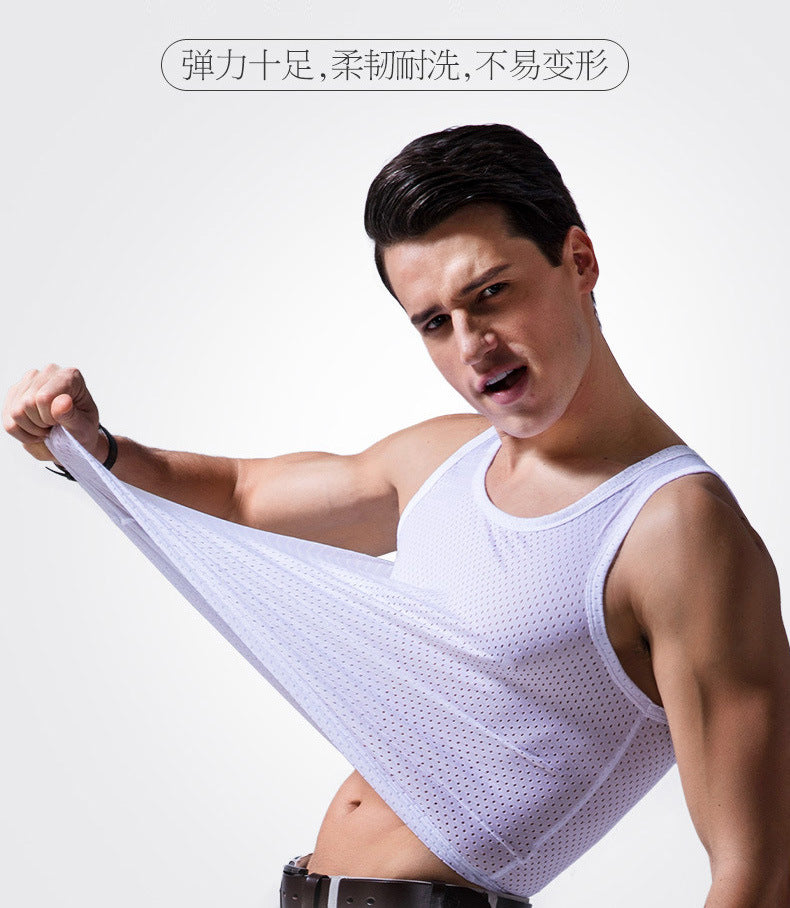 Ice Silk Mesh Vest Men's Summer Hollow Mesh Men's Sweatshirt Fitness Sports Thin Large Size Sleeveless T-shirt Trendy