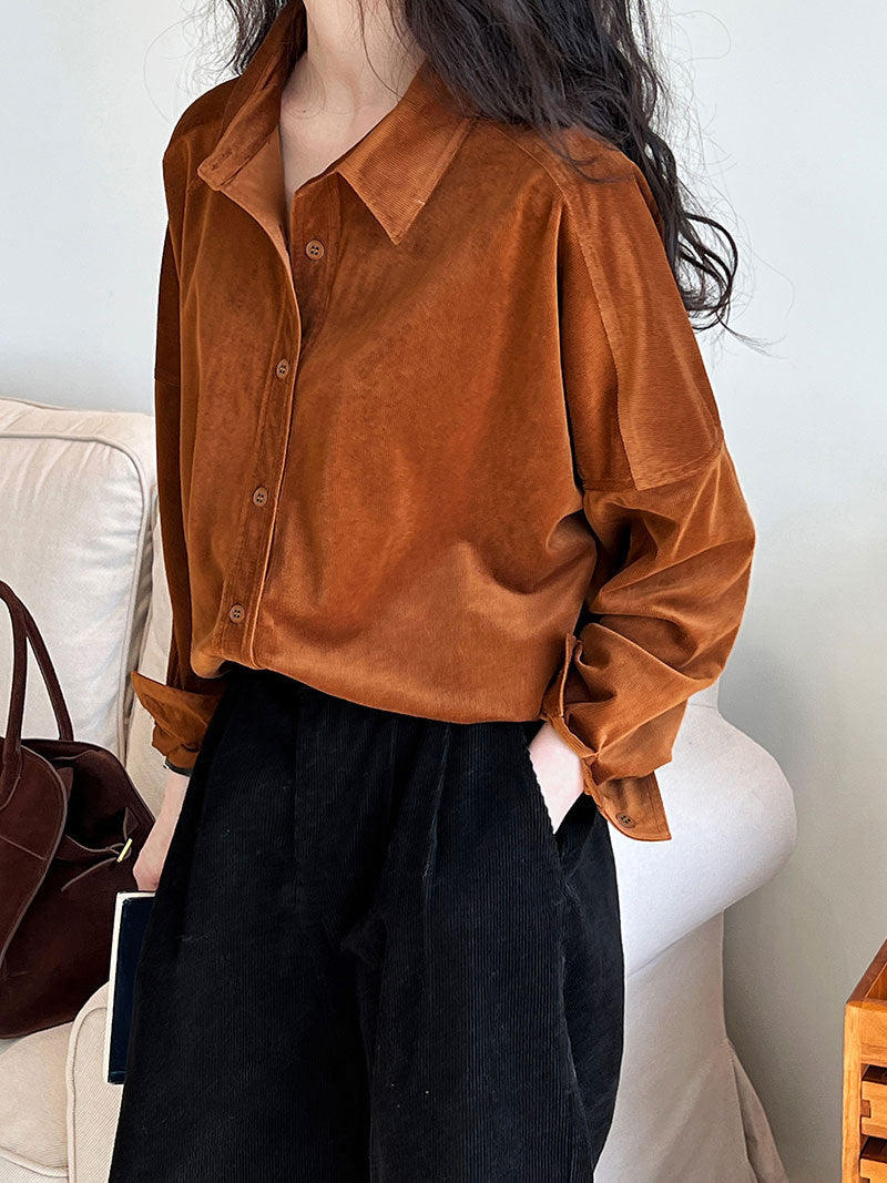 Lushi Japanese-Style Minimalist Thickened Brushed Corduroy Shirt for Women 2025 Autumn Inner Layering Base Shirt 3378