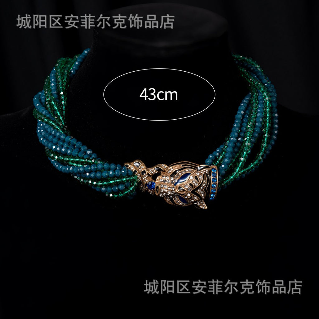 Qingdao Vintage European and American Retro Leopard Head Multi-Layer Beaded Necklace Bracelet Earrings Heavy Craftsmanship Elegant Set