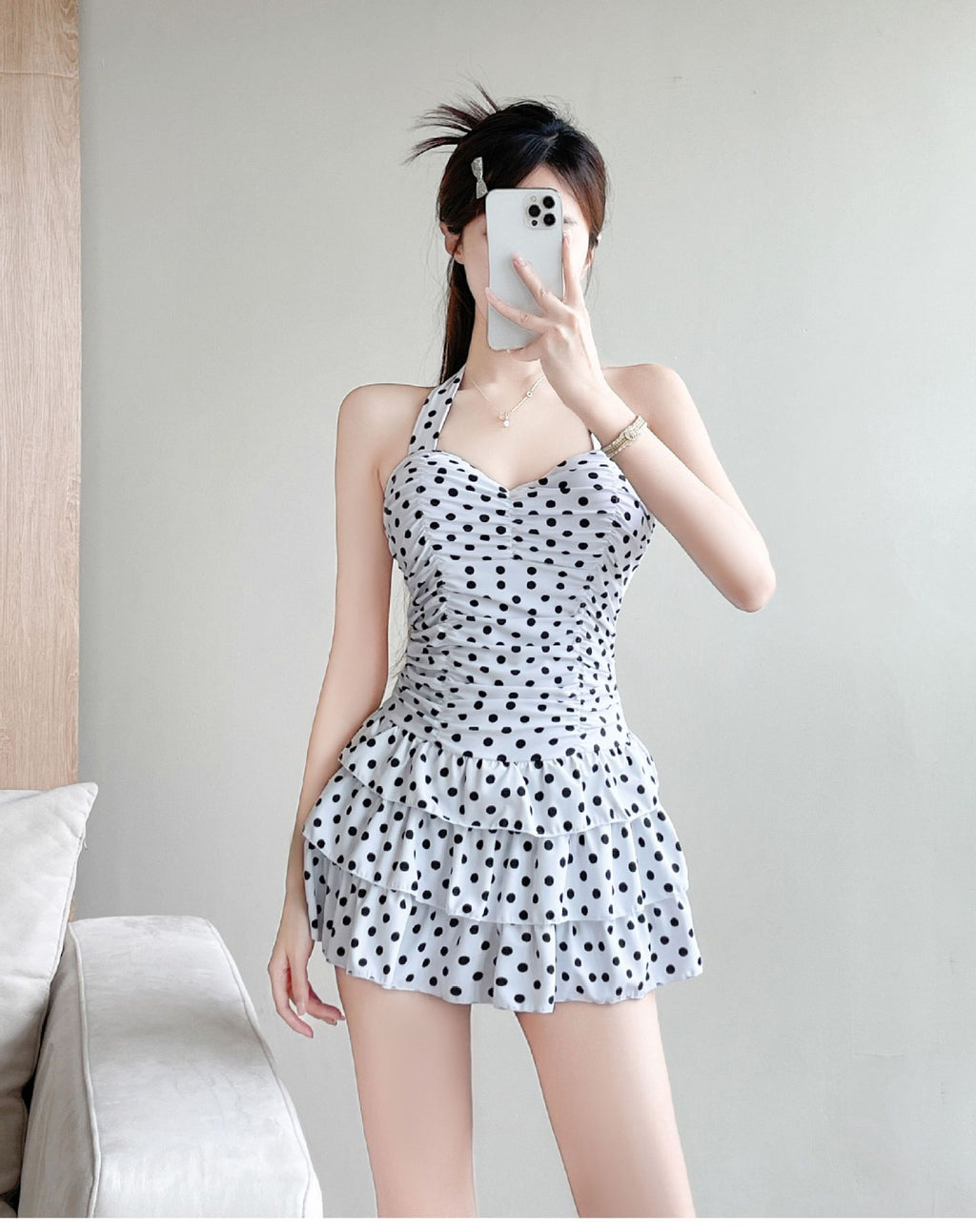 2025 New One-Piece Skirt Style Polka Dot Slightly Fat Girls Swimsuit Female Conservative Slimming Flesh Sexy Big Breast Gathering