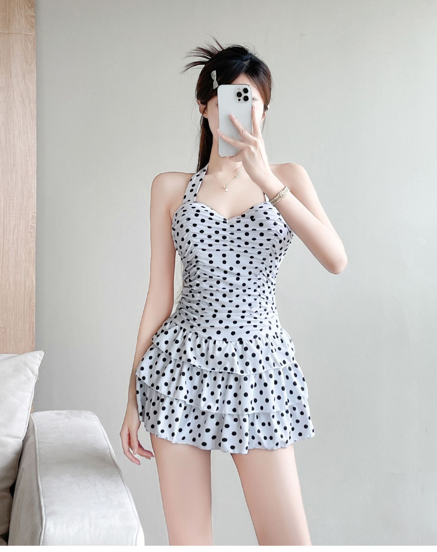 2025 New One-Piece Skirt Style Polka Dot Slightly Fat Girls Swimsuit Female Conservative Slimming Flesh Sexy Big Breast Gathering