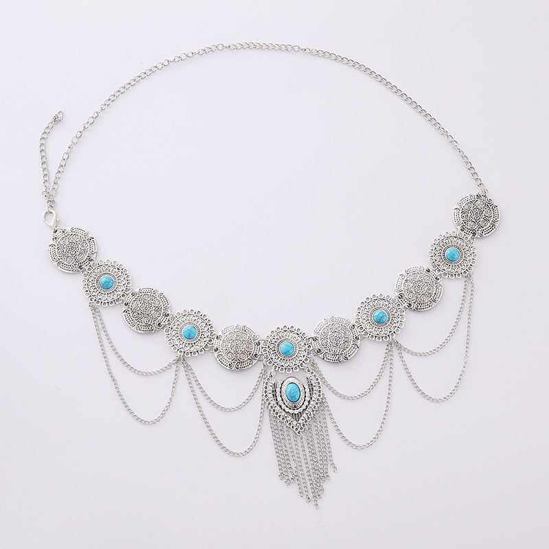 European and American Sexy Waist Decoration Ethnic Style Inlaid Turquoise Pendant Waist Chain Bohemian Alloy Coin Tassel Body Chain