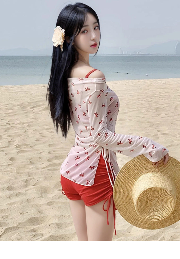 2025 New Swimwear Women's Sexy Pure Desire Spice Girl Elegant Long Sleeve Hanging Neck Blouse Bikini Split Strap Gather
