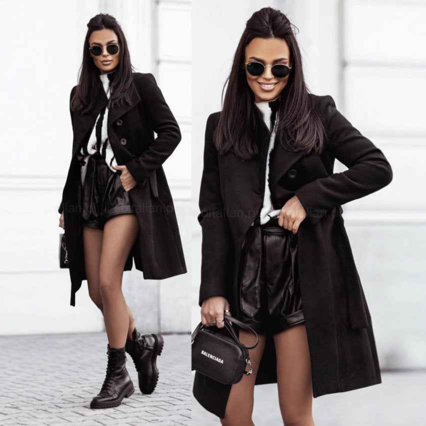 2026 Autumn/Winter European and American New Cross-Border Women's Clothing Amazon Woolen Coat Solid Color Tie-Up Mid-Length Woolen Jacket