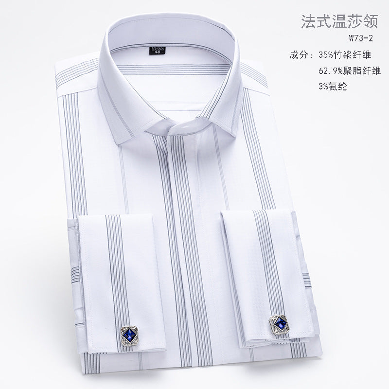 Men's French Cufflinks Shirt Men's Long-sleeved Windsor Collar Buckle Bamboo Fiber Double Stacked Sleeve Business Dress White Shirt