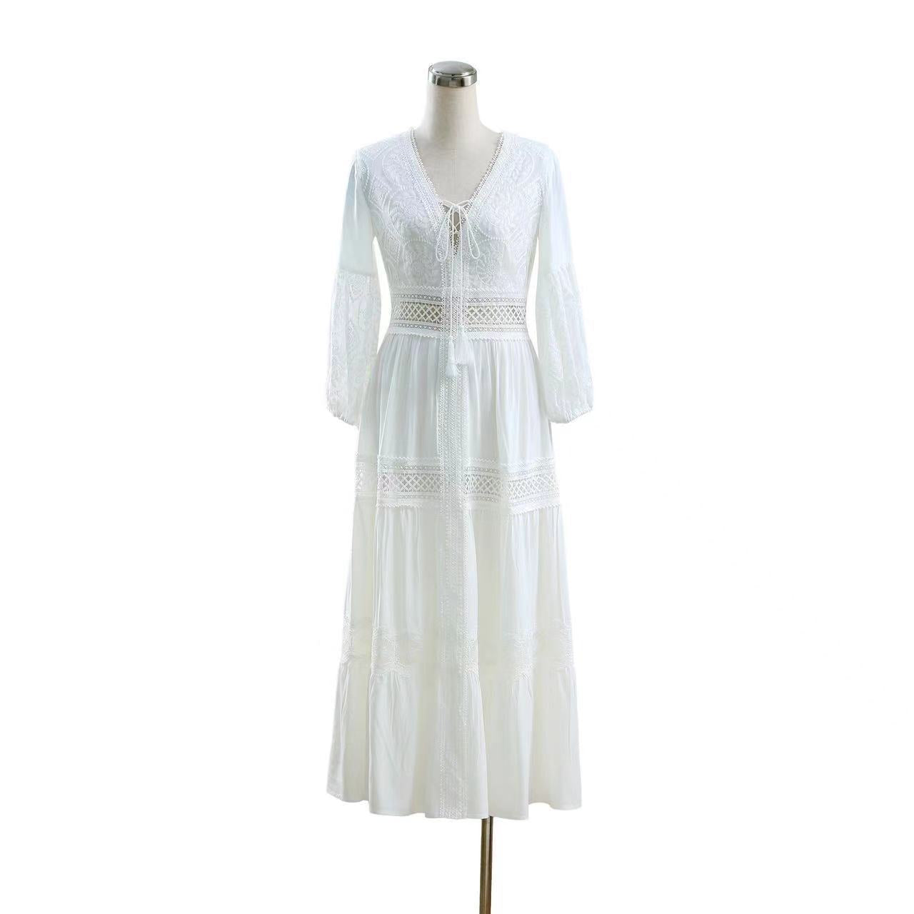 2024 Export New Product Elegant French Retro White Fairy Skirt Summer V-Neck Puff Sleeves Accessible Luxury and Western Style