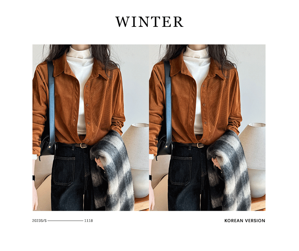 Lushi Japanese-Style Minimalist Thickened Brushed Corduroy Shirt for Women 2025 Autumn Inner Layering Base Shirt 3378