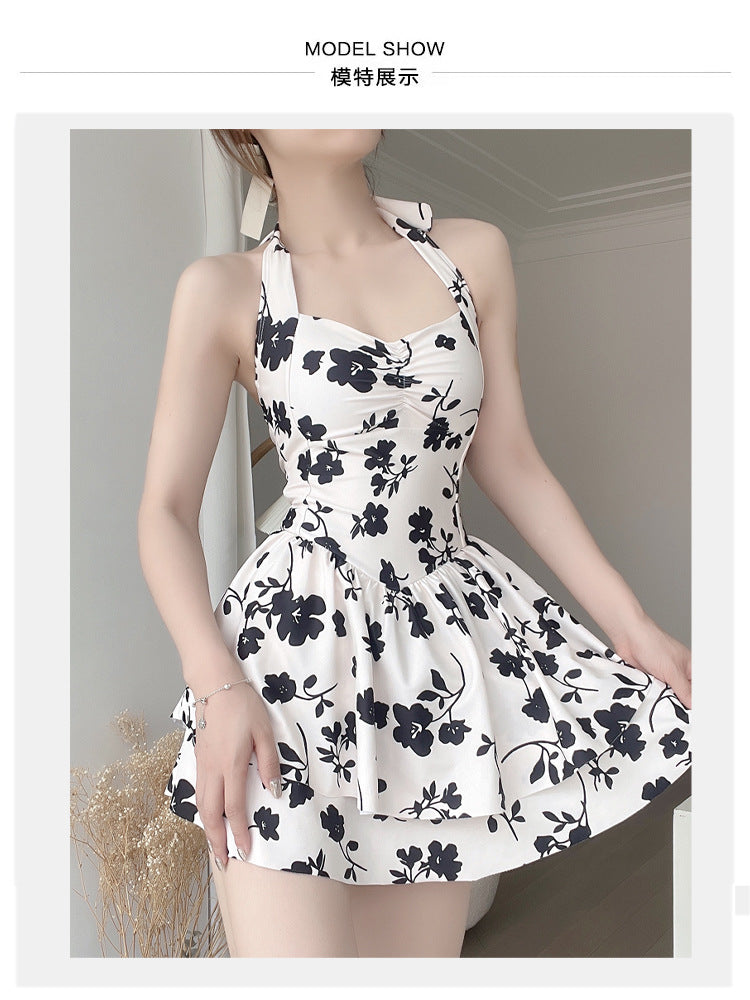 2025 New One-Piece Swimsuit Women's Black Poppy Boxer Corner Conservative Girl Strap Halter High Waist Covering Belly Hot Spring