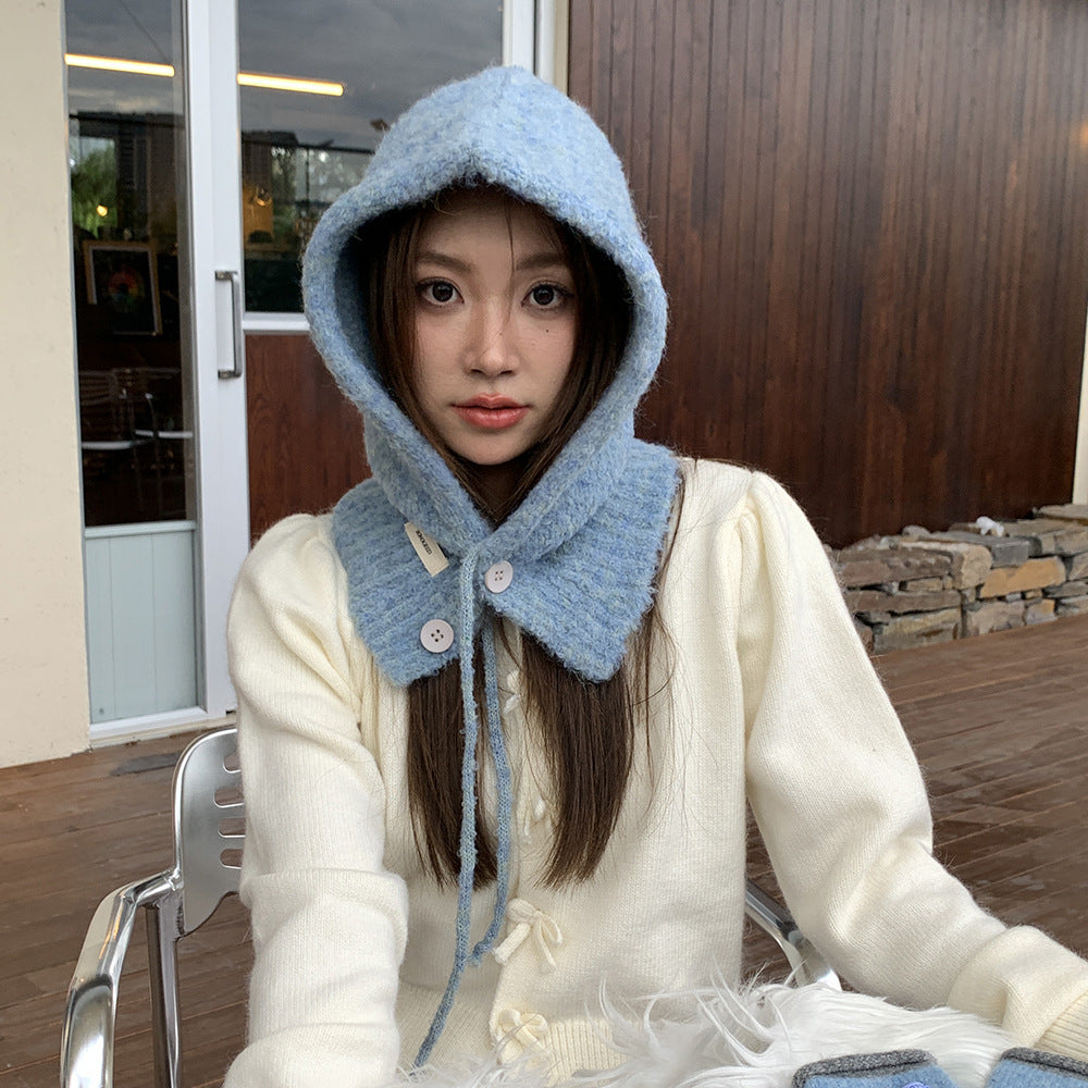 Balaclava Hat New Women's Winter Face-Show Small Ear Protection Neck Integrated Warm Knitted Roll Wool Hat