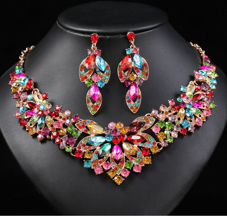 European and American cross-border retro necklace suit women's 2-Piece Set leaves flowers exaggerated luxury jewelry New Bride wedding accessories