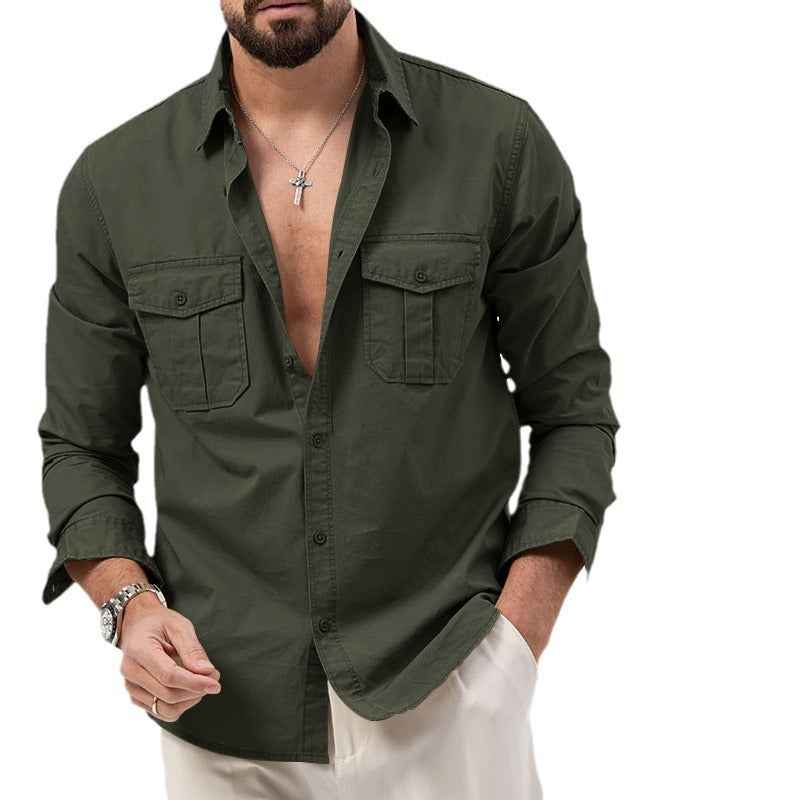 2025 New Men's Shirts Cross-Border Export Aliexpress Independent Station European and American Multi-Flap Pocket Pants Casual Long-Sleeved Tops for Men
