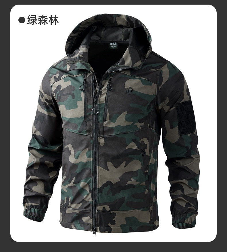 Outdoor assault clothing overalls suit men's spring and autumn elastic tooling labor protection clothing wear-resistant camouflage clothing hooded training clothing
