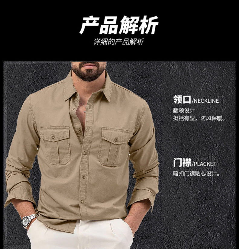 2025 New Men's Shirts Cross-Border Export Aliexpress Independent Station European and American Multi-Flap Pocket Pants Casual Long-Sleeved Tops for Men
