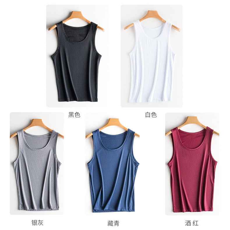 Ice Silk Mesh Vest Men's Summer Hollow Mesh Men's Sweatshirt Fitness Sports Thin Large Size Sleeveless T-shirt Trendy