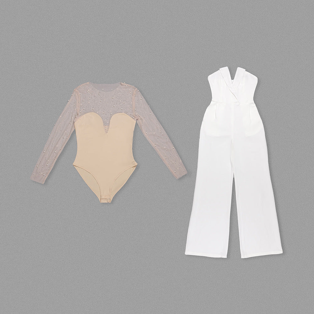 In Stock | White Bubble Bead Jumpsuit, Fashionable Casual Two-Piece Set, High-End European and American Women's Clothing, European and American Style.