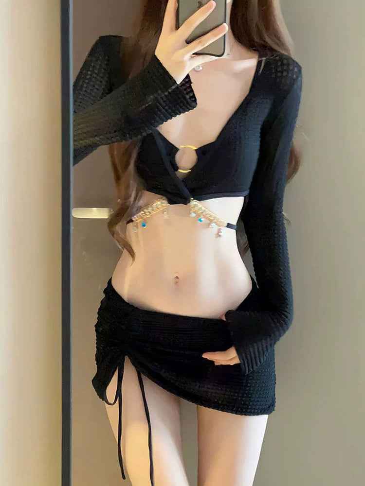 2025 New High-End Swimsuit Women's Split Bikini Four-Piece Bikini Sexy Long-Sleeved Sun Protection Hot Spring