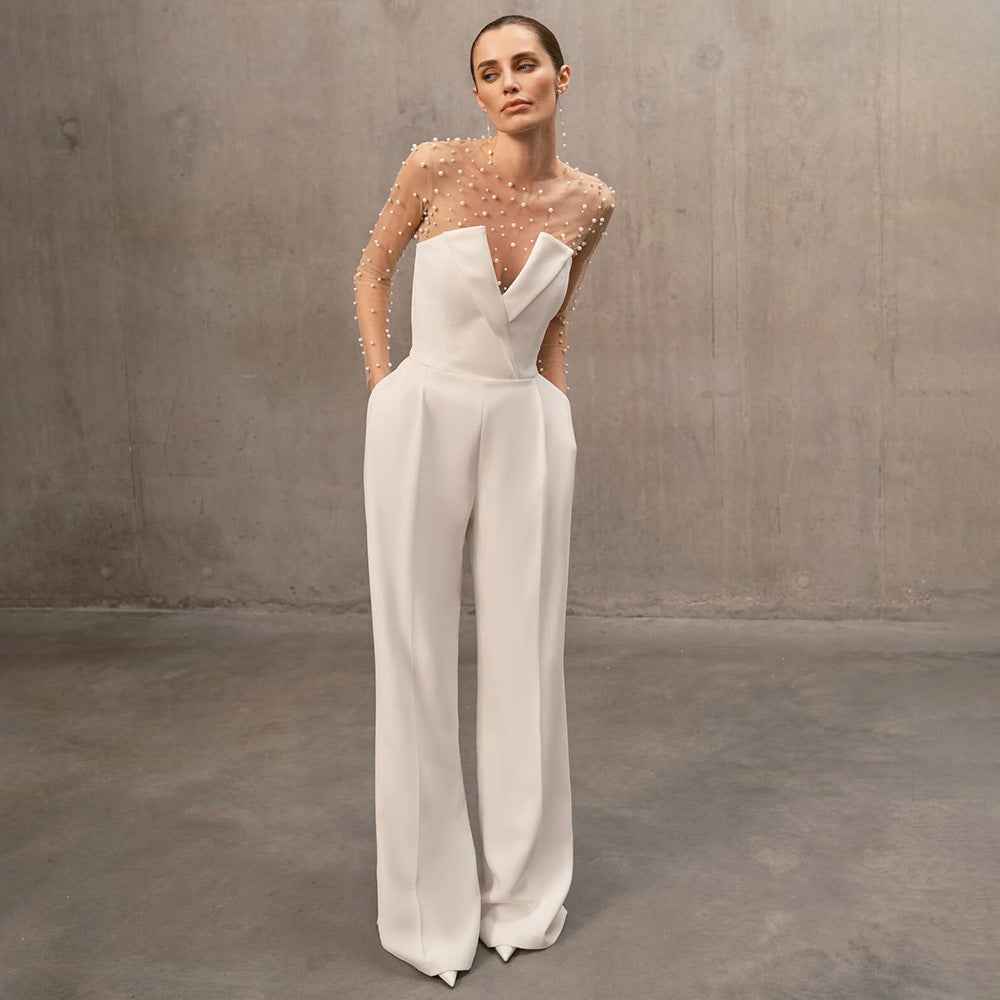In Stock | White Bubble Bead Jumpsuit, Fashionable Casual Two-Piece Set, High-End European and American Women's Clothing, European and American Style.