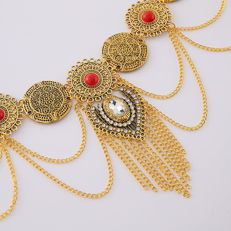 European and American Sexy Waist Decoration Ethnic Style Inlaid Turquoise Pendant Waist Chain Bohemian Alloy Coin Tassel Body Chain