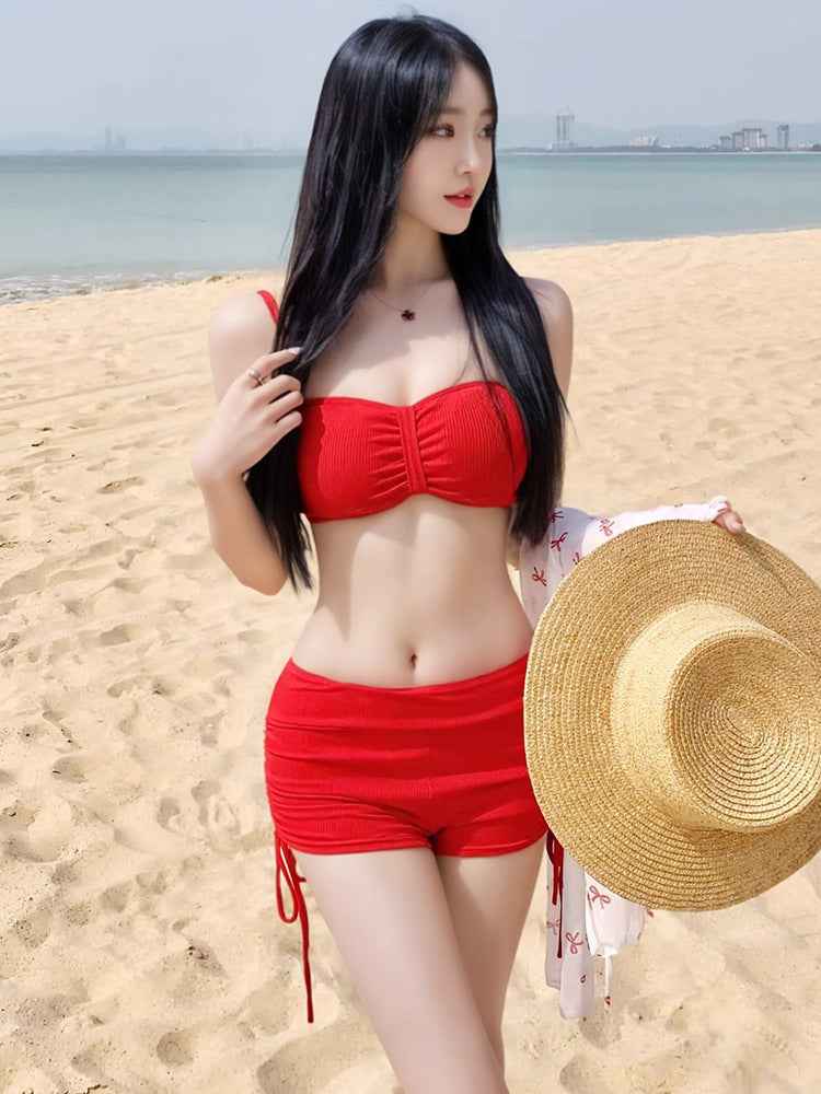 2025 New Swimwear Women's Sexy Pure Desire Spice Girl Elegant Long Sleeve Hanging Neck Blouse Bikini Split Strap Gather