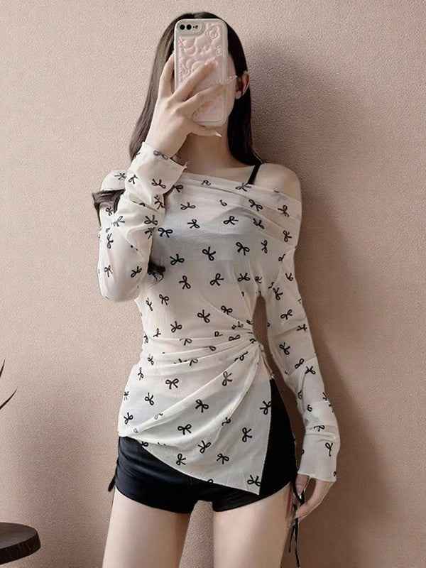 2025 New Swimwear Women's Sexy Pure Desire Spice Girl Elegant Long Sleeve Hanging Neck Blouse Bikini Split Strap Gather