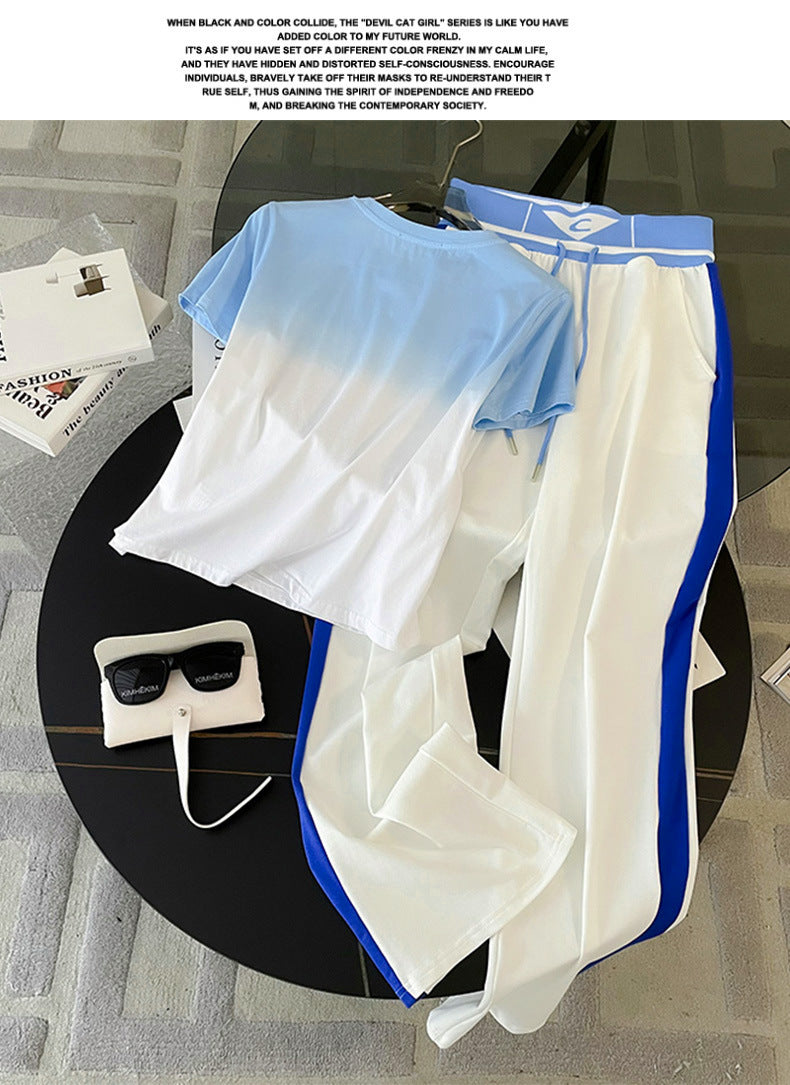Sports Leisure suit Women's Street Slim-fit Short T-shirt Women's Fashion Color-contrast High-end Atmospheric Elegant Wide-leg Pants