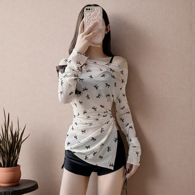 2025 New Swimwear Women's Sexy Pure Desire Spice Girl Elegant Long Sleeve Hanging Neck Blouse Bikini Split Strap Gather